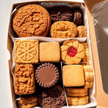 A kraft box divided into sections of different biscuits.
