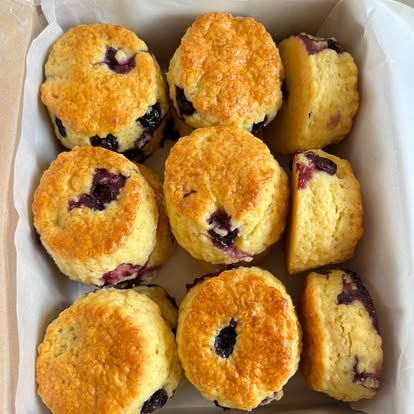 Blueberry scones with golden tops in a paper-lined box.