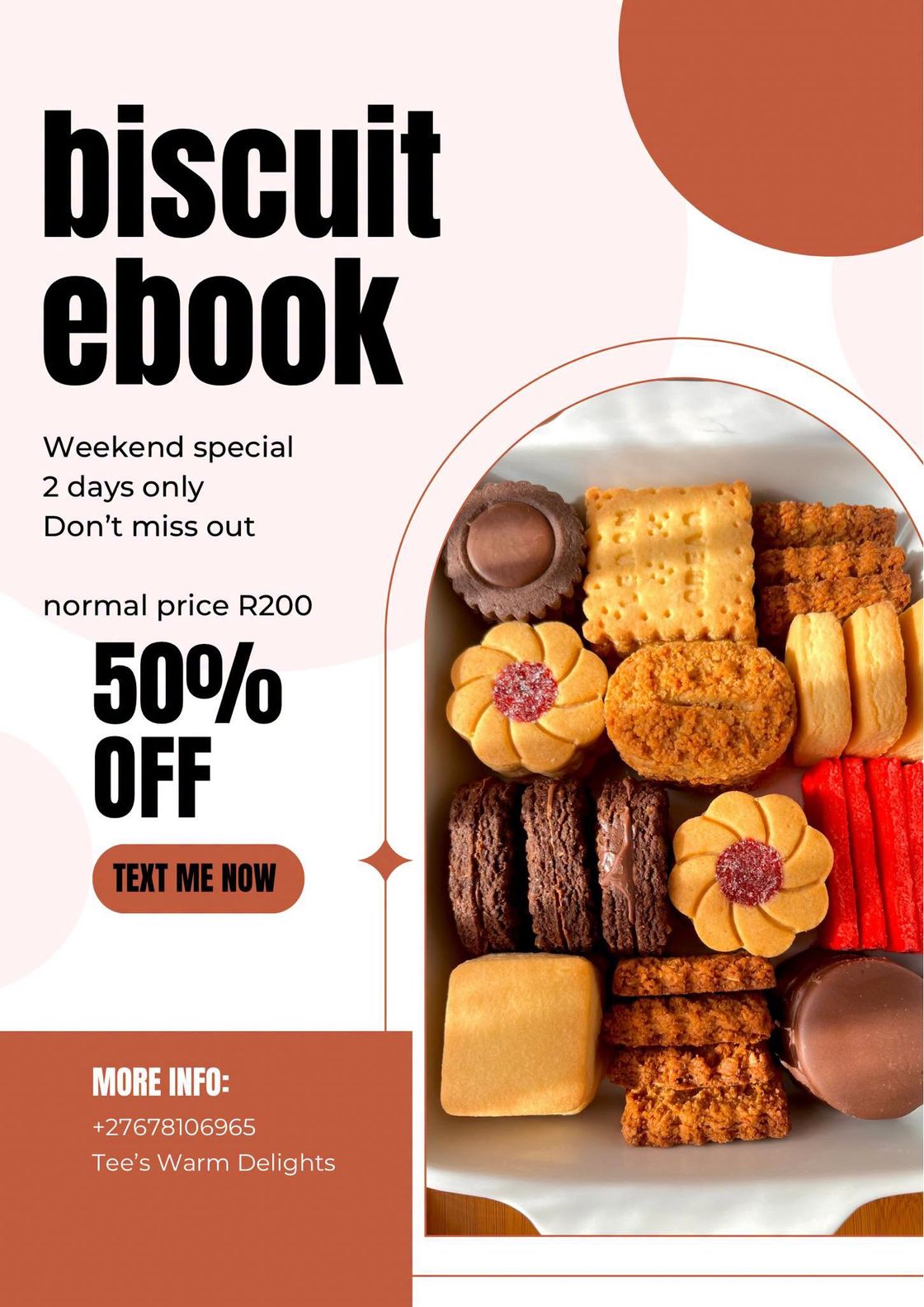 Cover of the Biscuit eBook by Tee's Warm Delights, showing a tray of assorted biscuits.